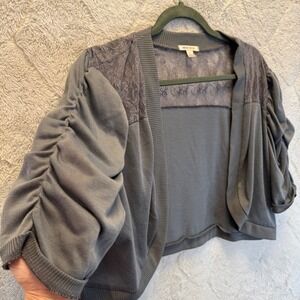 Extra Touch XL Gray Lace Y2K Cardigan Shrug Ruched Sleeve Cropped Open Front